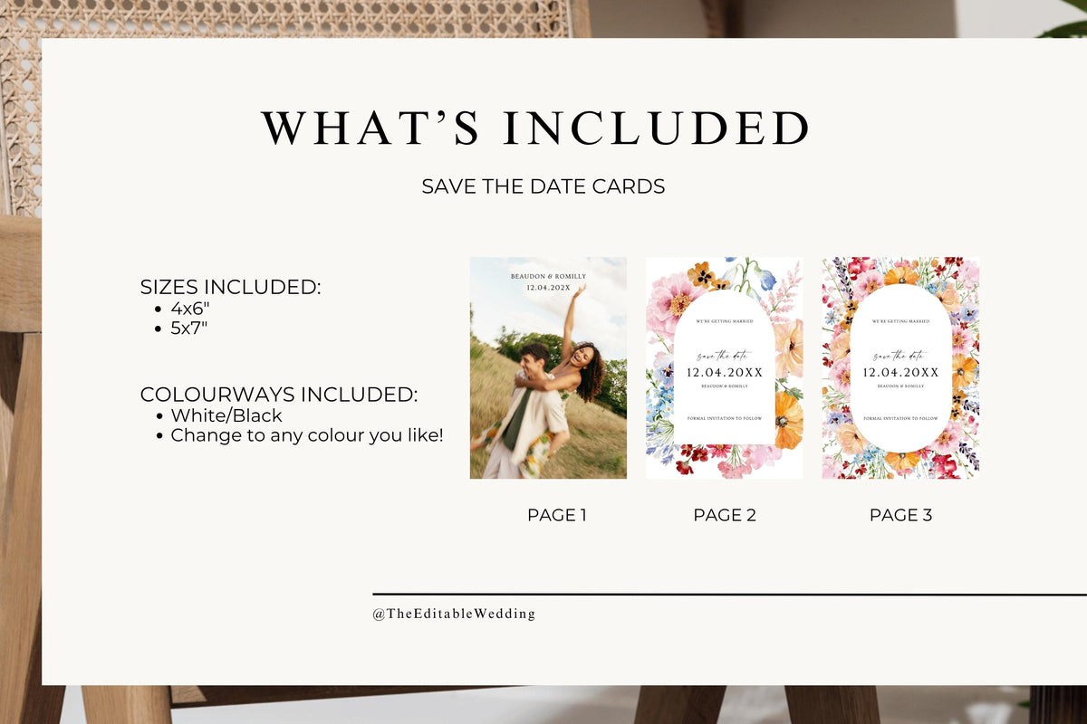 What’s included in the wedding save the date Canva template: three matching card designs, including a photo version and two floral versions, in multiple sizes.
