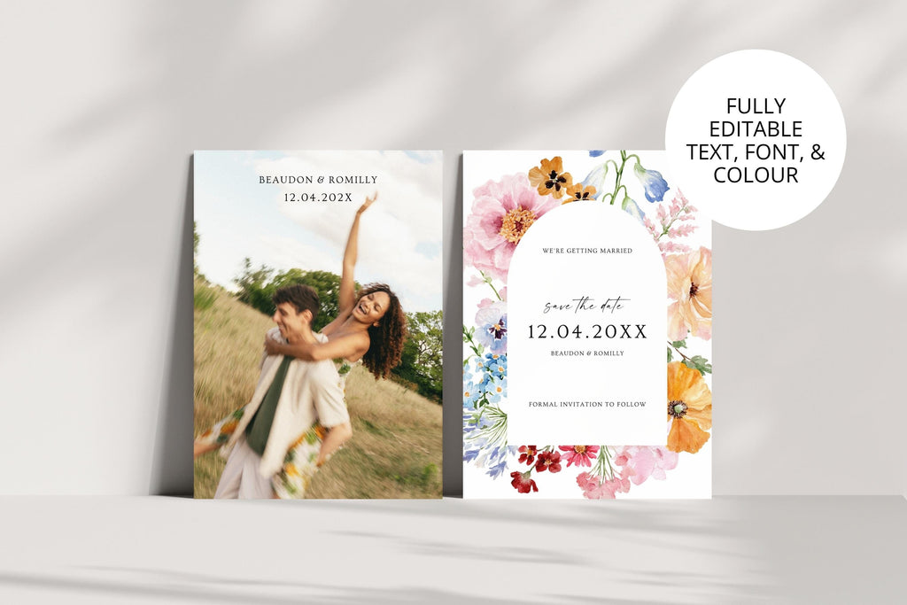 Two matching wedding save the date designs shown side by side, including a couple photo card and a colourful floral card with an oval text area.