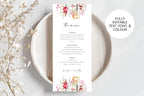 Printable wedding menu template with pink floral artwork, displayed on a white plate; editable text, font and colour for personalised wedding reception menus.