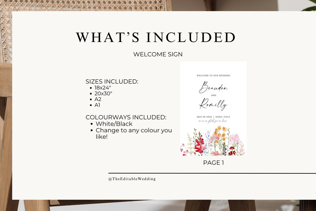 What’s included in the editable wedding welcome sign template, showing the sign design and available print sizes, including 18 × 24, 20 × 30, 24 × 36, A2 and A1.