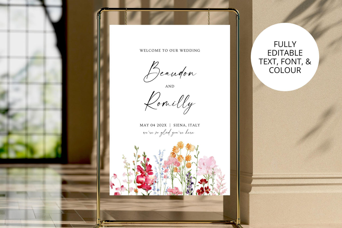 Editable wedding welcome sign shown in a gold-framed mirror setting, highlighting customisable text, fonts and colours alongside the colourful floral design.