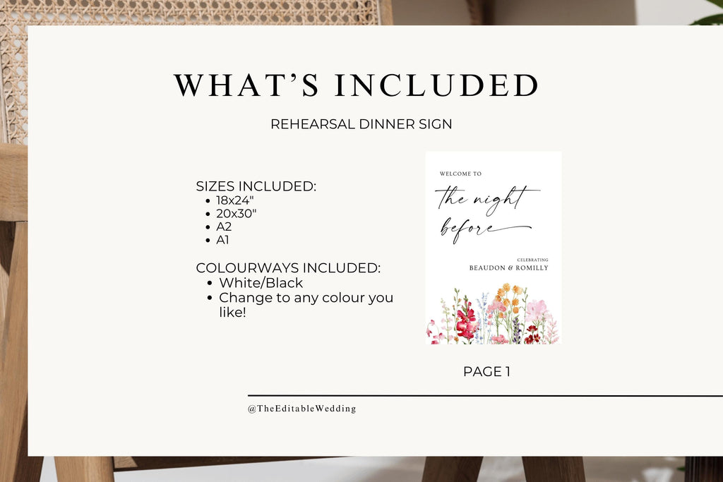What’s included in the rehearsal dinner sign template, with a preview of the floral design and information about the included sign sizes and colourways.