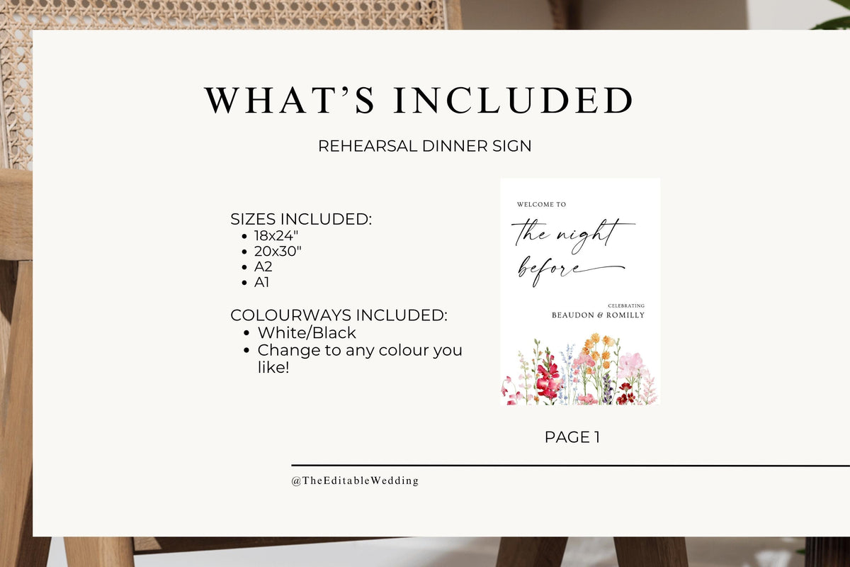 What’s included in the rehearsal dinner sign template, with a preview of the floral design and information about the included sign sizes and colourways.