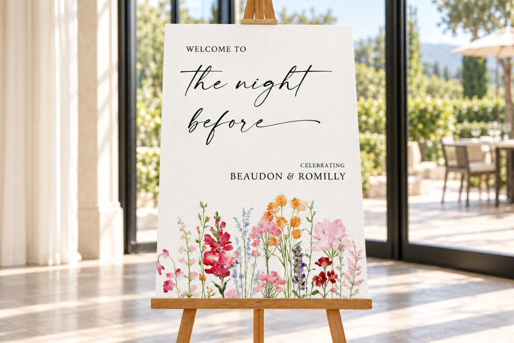 Editable rehearsal dinner welcome sign featuring colourful flowers, shown on an easel beside a bright outdoor wedding reception.