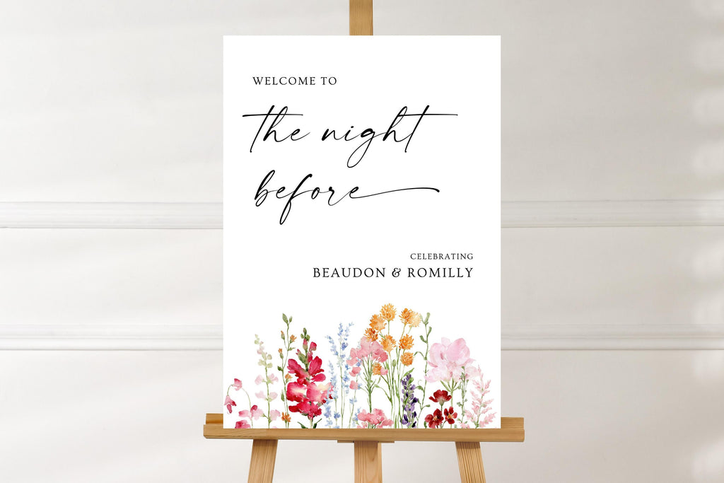 Minimal rehearsal dinner welcome sign mockup with colourful floral artwork, displayed against a clean white background.