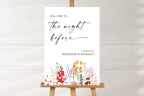 Minimal rehearsal dinner welcome sign mockup with colourful floral artwork, displayed against a clean white background.