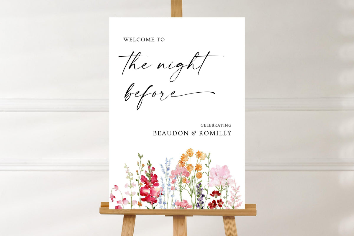 Minimal rehearsal dinner welcome sign mockup with colourful floral artwork, displayed against a clean white background.