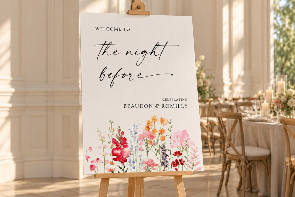 Floral rehearsal dinner sign mockup displayed on an easel in an elegant indoor wedding venue with warm neutral décor.