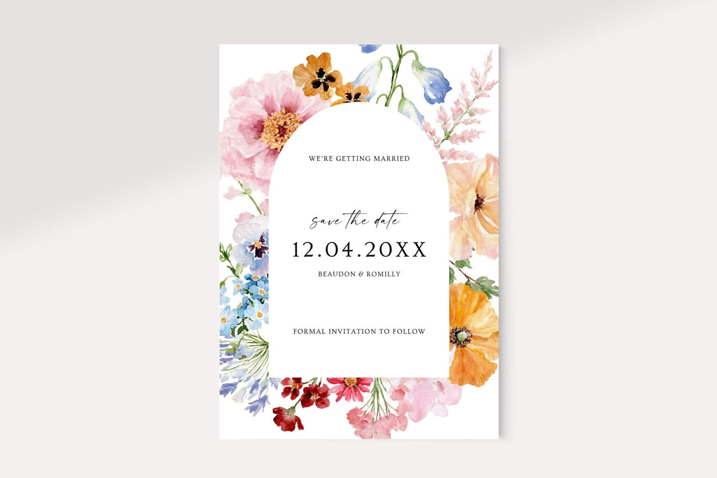 Colourful floral wedding save the date card with an oval centre, delicate typography and sample wedding date, shown as an editable printable template.