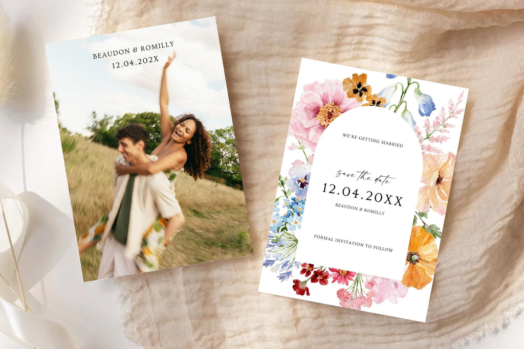 Matching photo and floral wedding save the date cards displayed together on soft ivory linen, an elegant editable announcement suite for a romantic wedding.