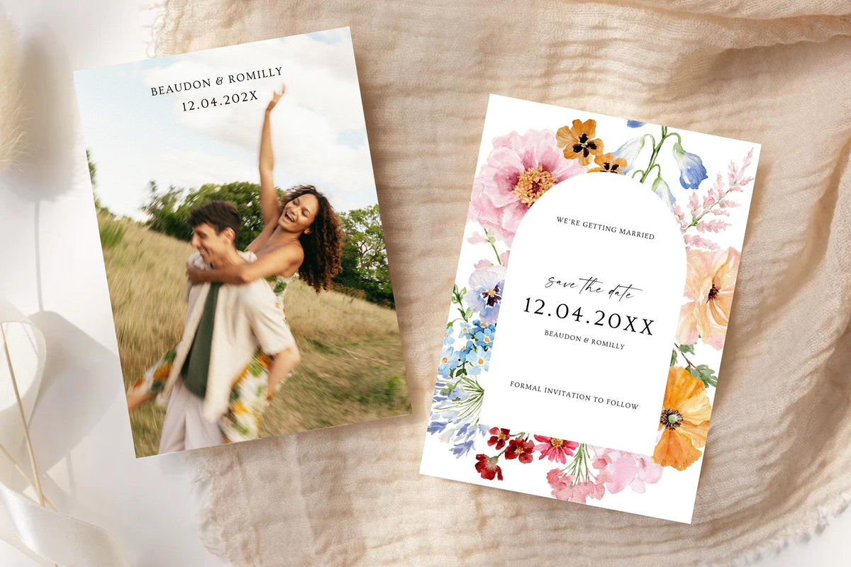 Matching photo and floral wedding save the date cards displayed together on soft ivory linen, an elegant editable announcement suite for a romantic wedding.
