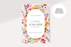 Full view of a floral oval wedding save the date design with a bonus template badge, showing the colourful botanical border and editable announcement text.