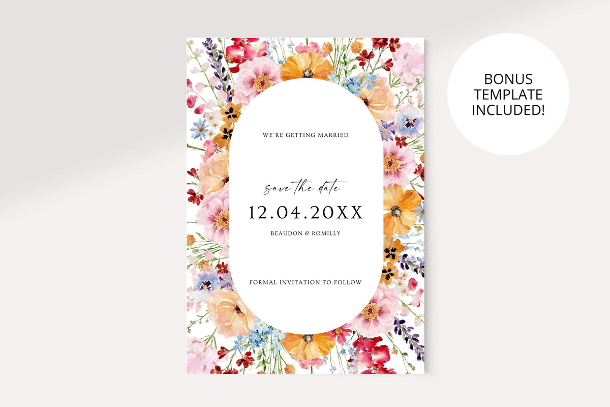 Full view of a floral oval wedding save the date design with a bonus template badge, showing the colourful botanical border and editable announcement text.