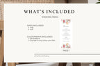 What’s included in the editable wedding menu template: wedding menu sizes and colourways, with a preview of the floral menu design and digital download details.