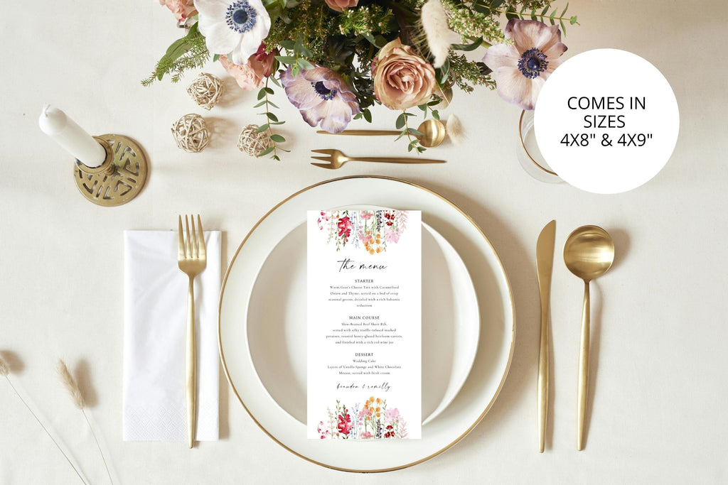 Editable floral wedding menu template shown with a plate, gold cutlery and flowers, styled for a romantic wedding table setting; available in 4×8 and 4×9 inch sizes.