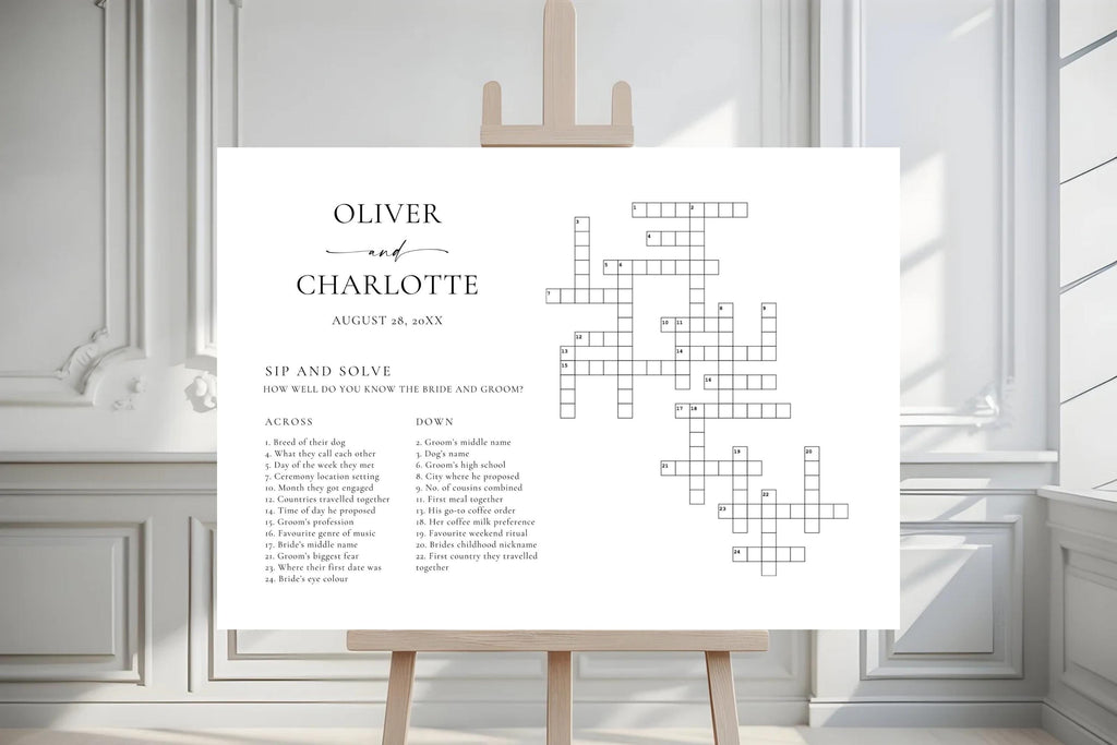 Clean minimalist sip and solve wedding crossword printable shown indoors, personalised wedding game sign template, neutral modern wedding reception activity