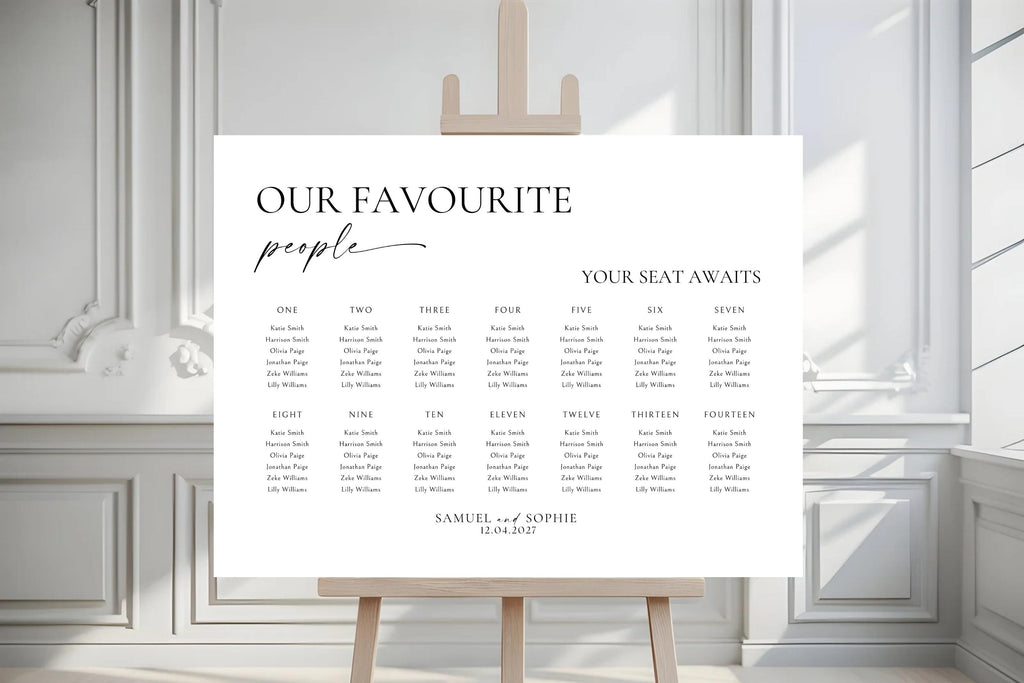 Minimalist indoor wedding seating chart displayed on easel, Our Favourite People editable Canva sign, perfect for modern A1 A2 signage.