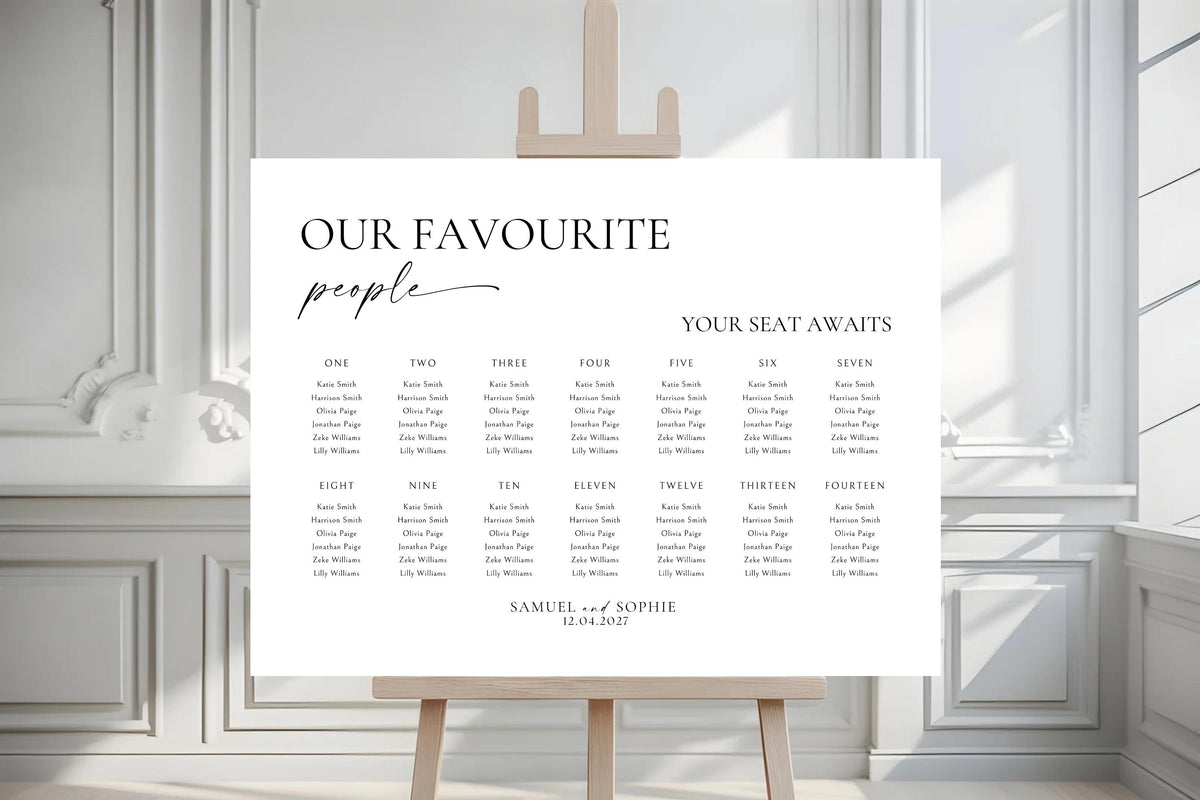 Minimalist indoor wedding seating chart displayed on easel, Our Favourite People editable Canva sign, perfect for modern A1 A2 signage.