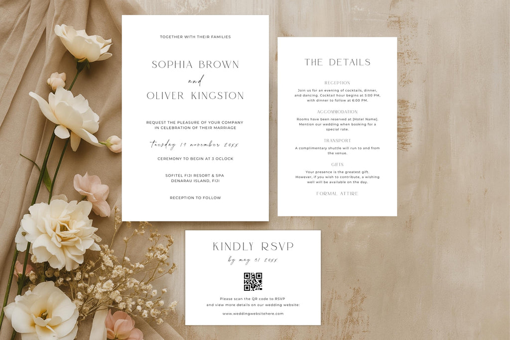 Minimalist editable wedding invitation template set with RSVP card and details card, neutral beige wedding stationery suite, modern Canva wedding invite bundle, elegant printable wedding invitation set