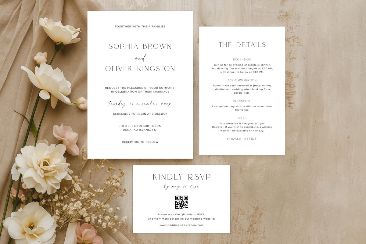 Minimalist editable wedding invitation template set with RSVP card and details card, neutral beige wedding stationery suite, modern Canva wedding invite bundle, elegant printable wedding invitation set