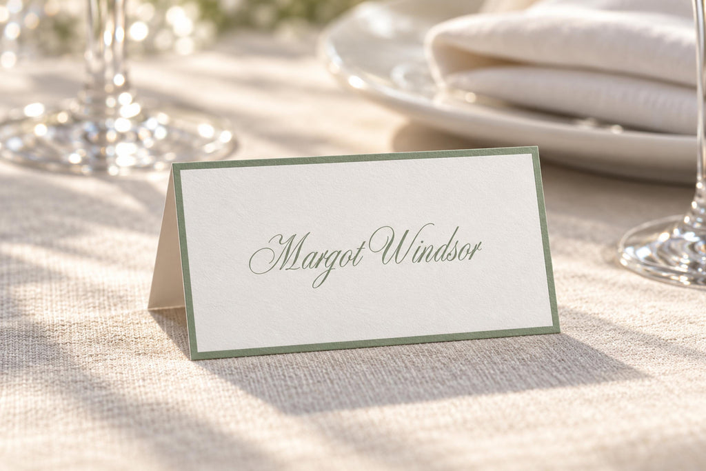 Old money wedding place card template with an ivory background, sage green border and elegant script guest name, displayed as a folded tent card on a sunlit linen reception table.