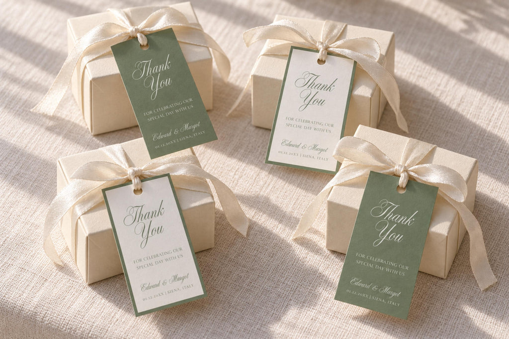 Sage green and ivory wedding favour tags on four cream gift boxes with satin bows, featuring romantic script lettering in two coordinating designs for an elegant old money wedding.