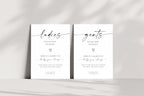 Editable guests sign and table number sign templates in minimalist black and white style for wedding reception decor