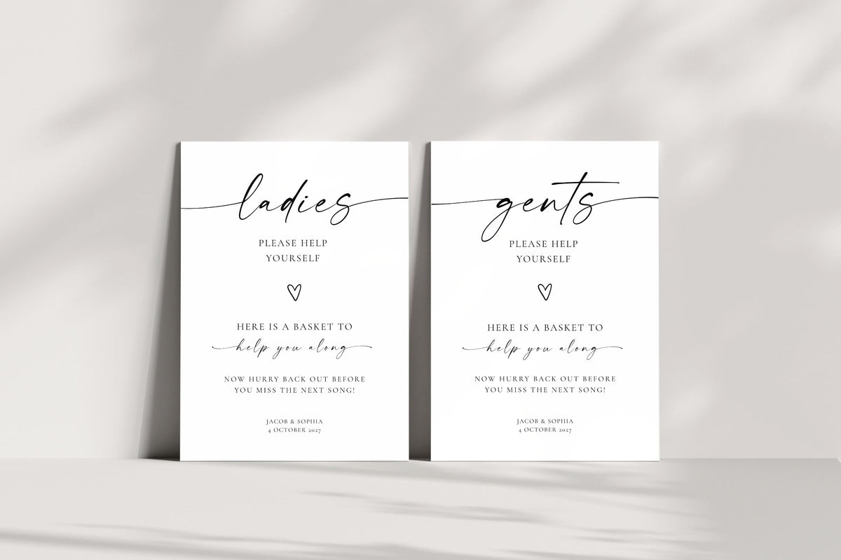 Editable guests sign and table number sign templates in minimalist black and white style for wedding reception decor