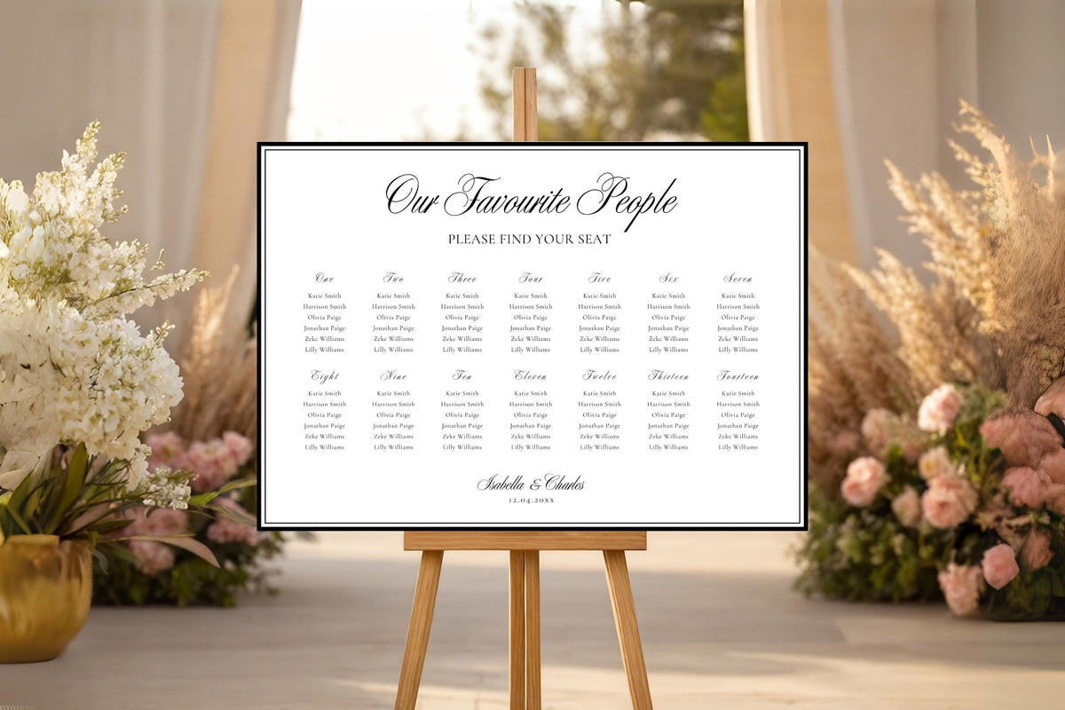 Wedding seating chart sign displayed on an easel in a romantic venue setting, elegant old money wedding seating plan editable in Canva