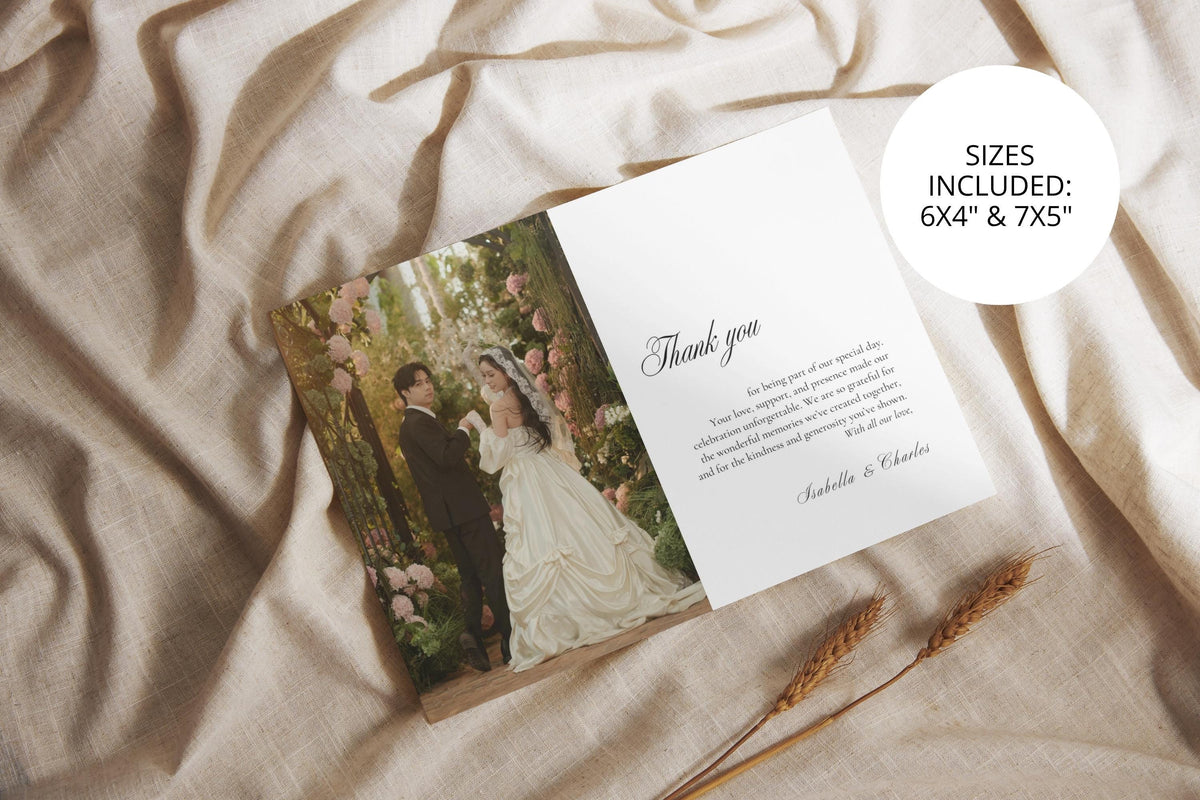 Editable wedding thank you card template with matching envelope, printable wedding photo thank you card, modern minimalist Canva wedding stationery, instant digital download thank you card