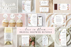 Love in Bloom Bridal Shower Bundle collage showing editable wildflower invitation, games, decor, and signs. Floral bridal shower Canva templates for spring weddings.