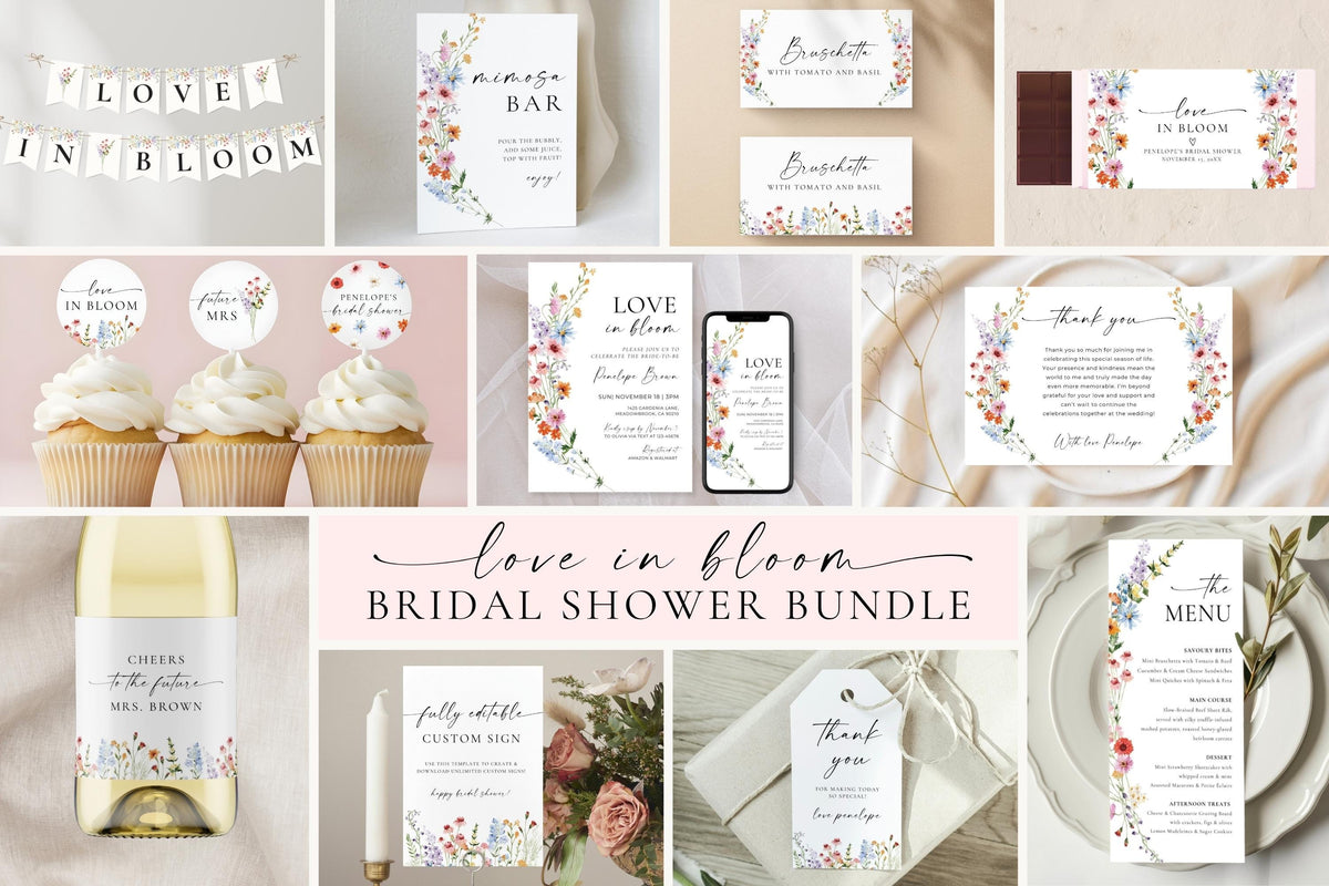 Love in Bloom Bridal Shower Bundle collage showing editable wildflower invitation, games, decor, and signs. Floral bridal shower Canva templates for spring weddings.
