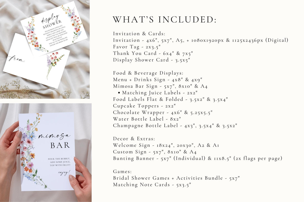 What’s included page for Love in Bloom Bridal Shower Bundle showing editable Canva templates for invitation, menu, and signs in floral wildflower design.