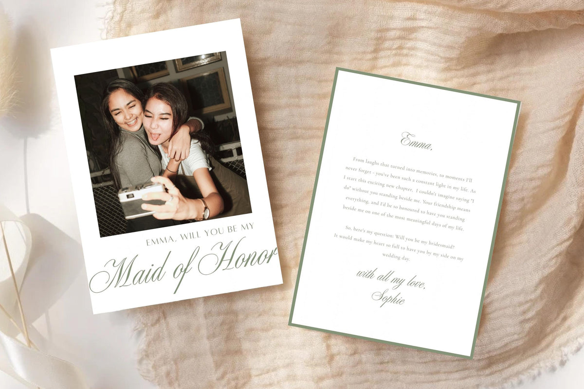 Personalised maid of honour proposal photo card with sage green script and matching letter reverse on cream linen. Elegant printable maid of honour invitation for asking your best friend or sister to join your bridal party.