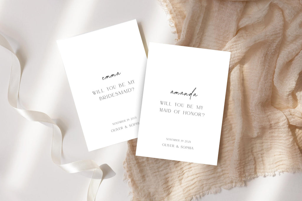 Editable bridesmaid proposal booklet template with ribbon styling, Canva bridesmaid proposal booklet, maid of honour proposal gift printable, minimalist wedding proposal booklet, instant download wedding stationery