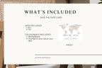What’s included overview showing editable map save the date Canva template, with customizable colors and two standard print sizes 6x4 and 7x5 inches.
