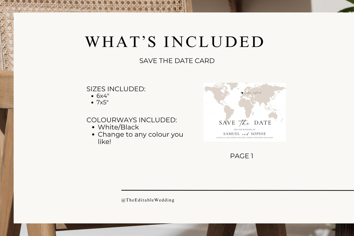 What’s included overview showing editable map save the date Canva template, with customizable colors and two standard print sizes 6x4 and 7x5 inches.