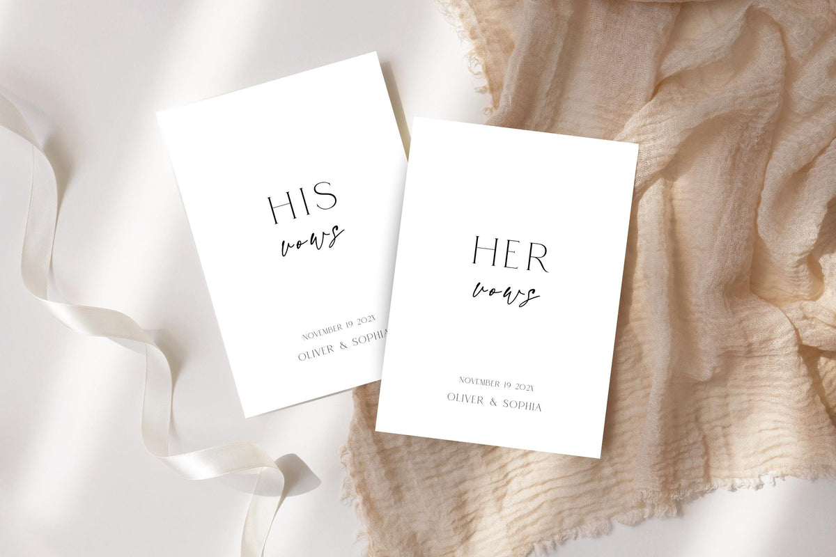 Personalized His and Her wedding vow books with soft ivory ribbon, editable wedding vow booklet template, minimalist vow book cover design, bride and groom ceremony vow books, printable wedding stationery, modern neutral wedding keepsake.