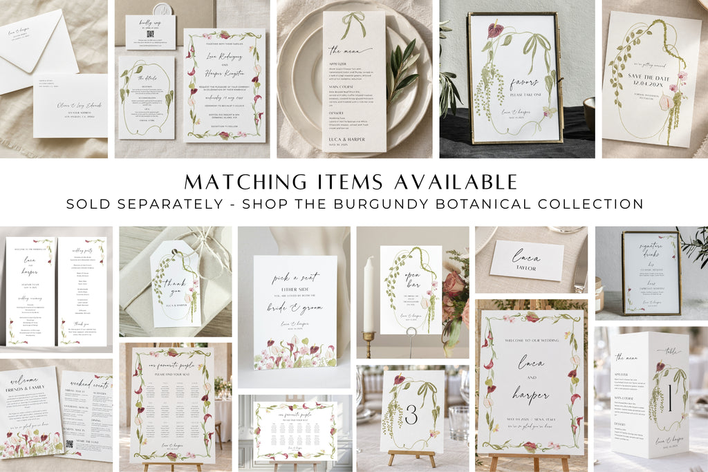 A collage of wedding stationery pieces with botanical and floral illustrations, including menus, invitations, place cards, and tableware, arranged on a light background with the text 'MATCHING ITEMS AVAILABLE' and 'SOLD SEPARATELY - SHOP THE BURGUNDY BOTANICAL COLLECTION.'.