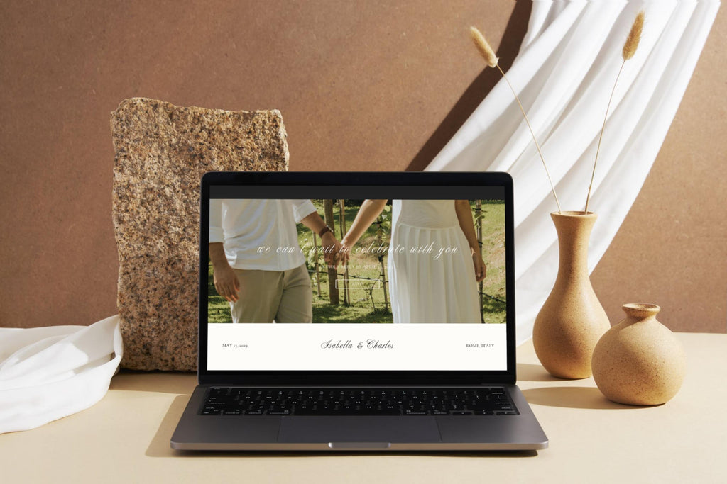 Digital wedding website template editable in Canva, elegant wedding website design for sharing RSVP, travel details and wedding information online