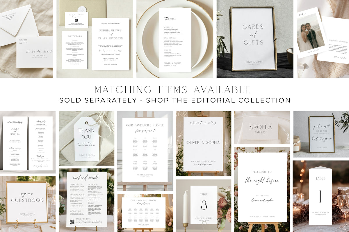 A collage of wedding stationery and invitation designs with the text 'MATCHING ITEMS AVAILABLE' and 'SOLD SEPARATELY - SHOP THE EDITORIAL COLLECTION' across the center.