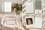 Old money wedding stationery collage featuring sage green menus, ivory wedding invitations, personalised place cards and bridesmaid proposal cards with elegant script fonts and fine borders.