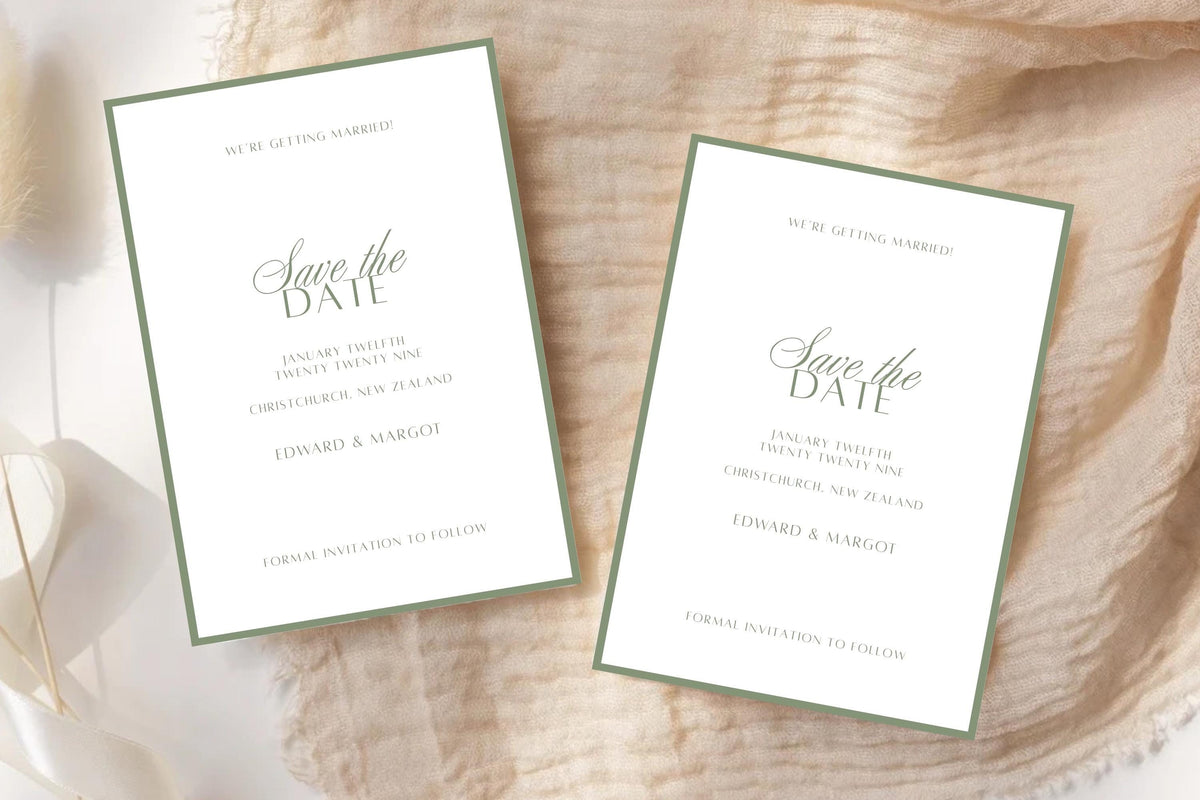 Two sage green save the date cards arranged on soft beige linen, featuring delicate green borders and elegant script lettering. Printable Canva wedding stationery template for a timeless, understated celebration.