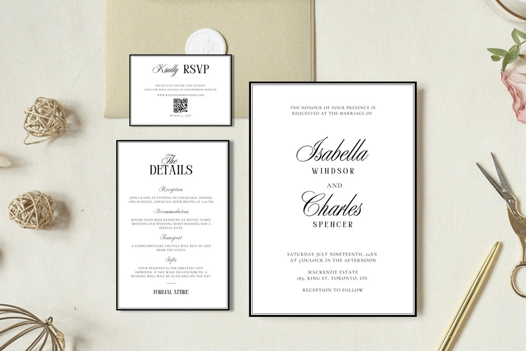 Complete wedding invitation suite including RSVP card, details card and QR RSVP sign, old money wedding stationery editable in Canva
