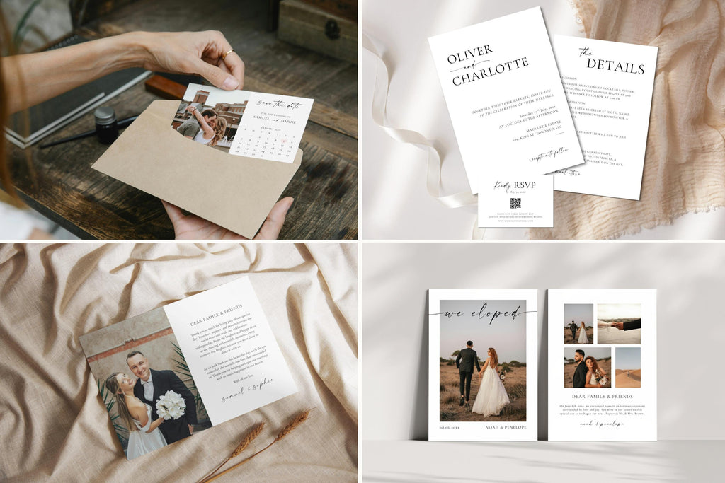 Wedding invitation suite shown in lifestyle flat lay with envelopes and photo cards, minimalist editable Canva wedding stationery templates for modern couples