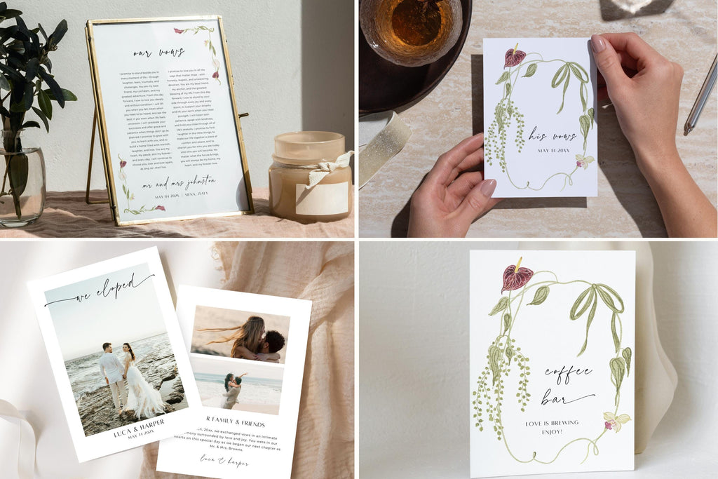 Editable burgundy botanical wedding stationery bundle showing coordinating signs, a floral card and wedding photo designs in a four-image collage.
