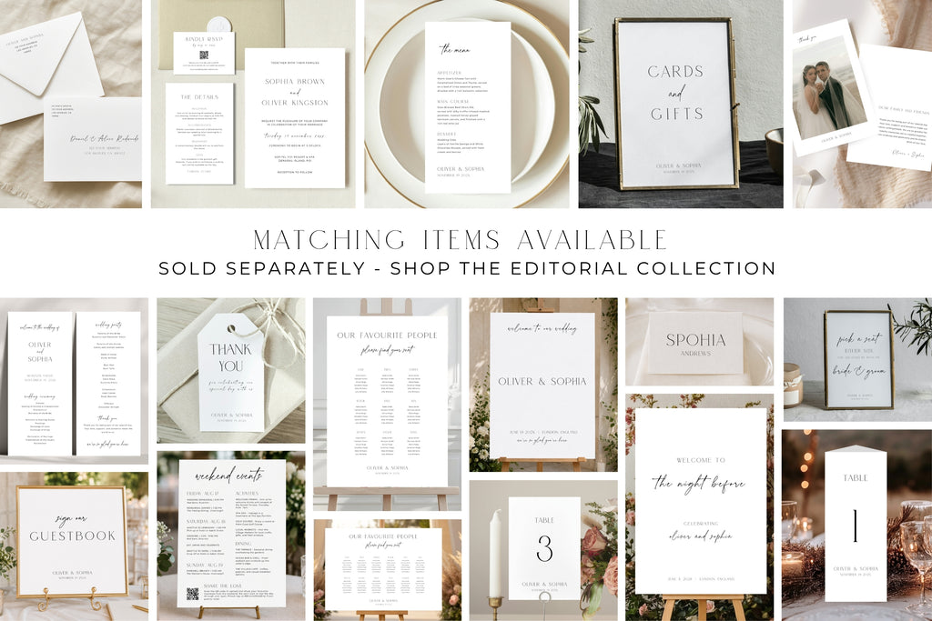 A collage of wedding stationery and invitation designs with the text 'MATCHING ITEMS AVAILABLE' and 'SOLD SEPARATELY - SHOP THE EDITORIAL COLLECTION' across the center.