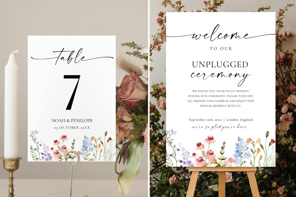 Editable wedding table number, unplugged ceremony sign and welcome sign templates, printable floral wedding decor, Canva instant download