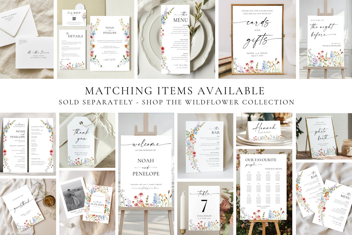 A collage of wedding stationery and invitation designs with floral watercolor accents, including menus, cards, table numbers, and sign templates, with text reading 'MATCHING ITEMS AVAILABLE' and 'SOLD SEPARATELY - SHOP THE WILDFLOWER COLLECTION.'.
