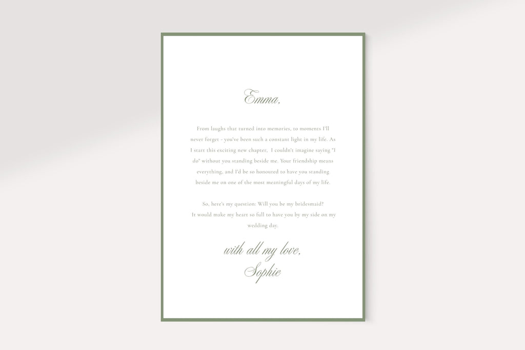 Bridesmaid proposal message card with a thin sage green border, personalised greeting and script sign-off on a white background. Matching printable letter reverse for a heartfelt photo bridal party proposal card.